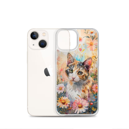 iPhone Case Watercolor Calico Cat with Colorful Flowers