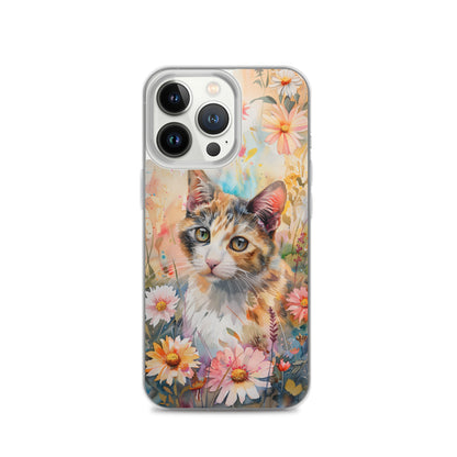 iPhone Case Watercolor Calico Cat with Colorful Flowers