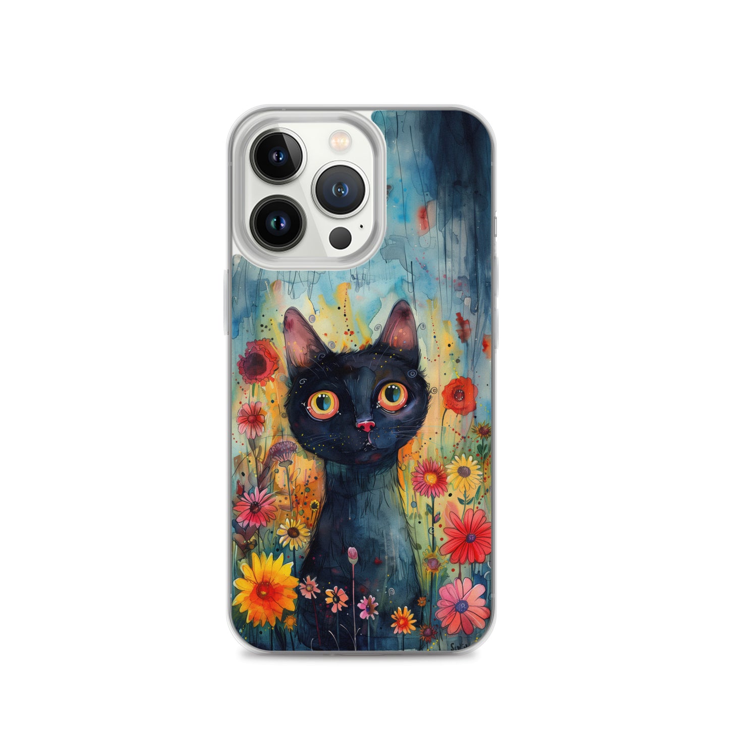 iPhone Case Watercolor Black Cat with Colorful Flowers