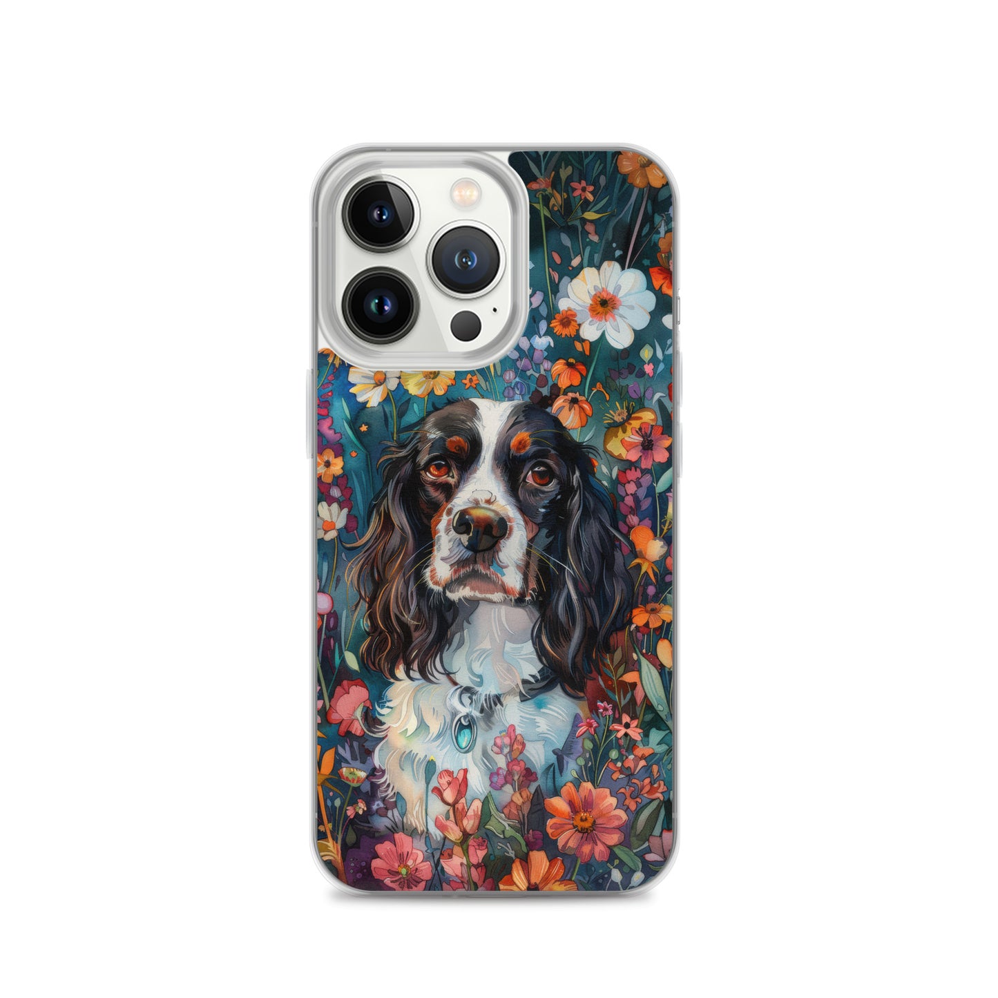 iPhone Case Watercolor English Springer Spaniel with Colorful Flowers
