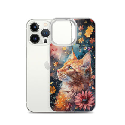 iPhone Case: Watercolor Orange Tabby Cat with Colorful Flowers