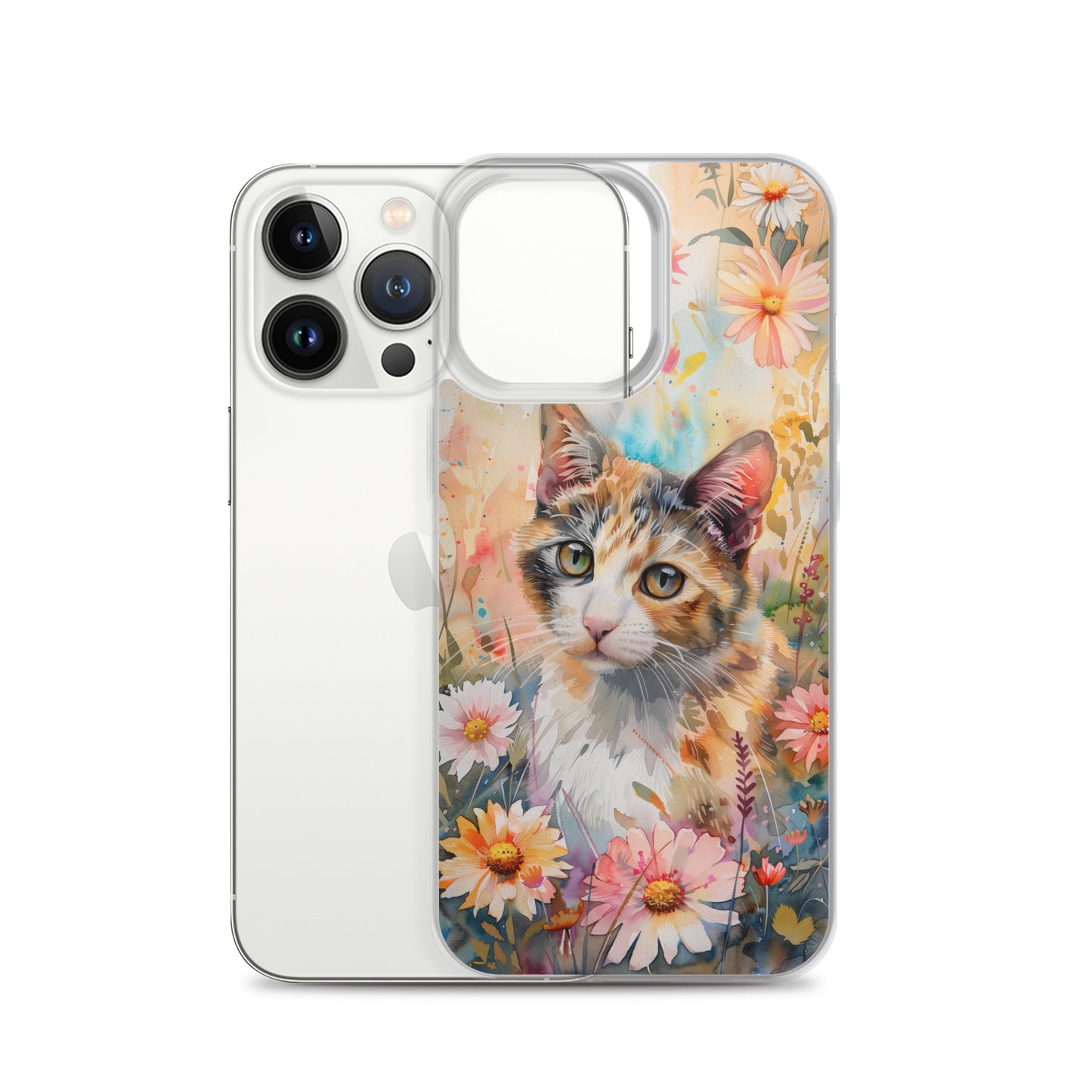 iPhone Case Watercolor Calico Cat with Colorful Flowers
