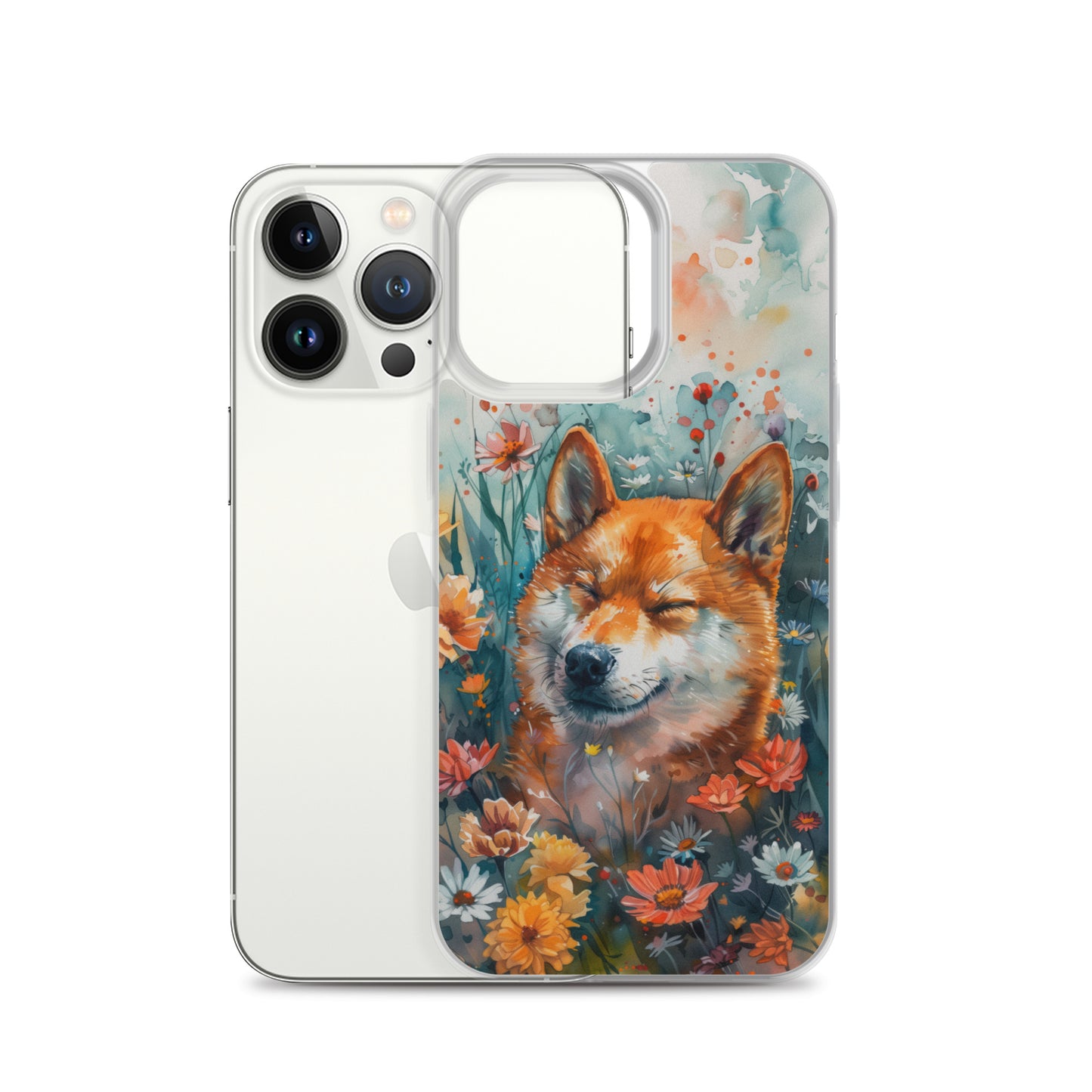 iPhone Case Watercolor Shiba Inu with Colorful Flowers