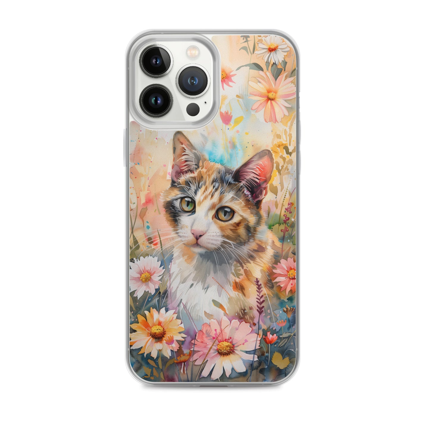 iPhone Case Watercolor Calico Cat with Colorful Flowers