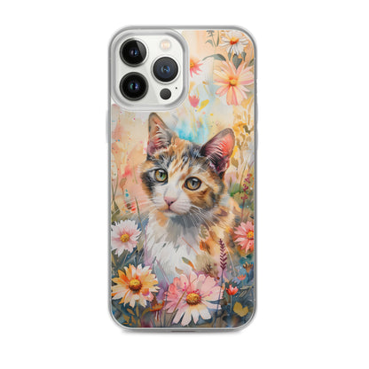 iPhone Case Watercolor Calico Cat with Colorful Flowers
