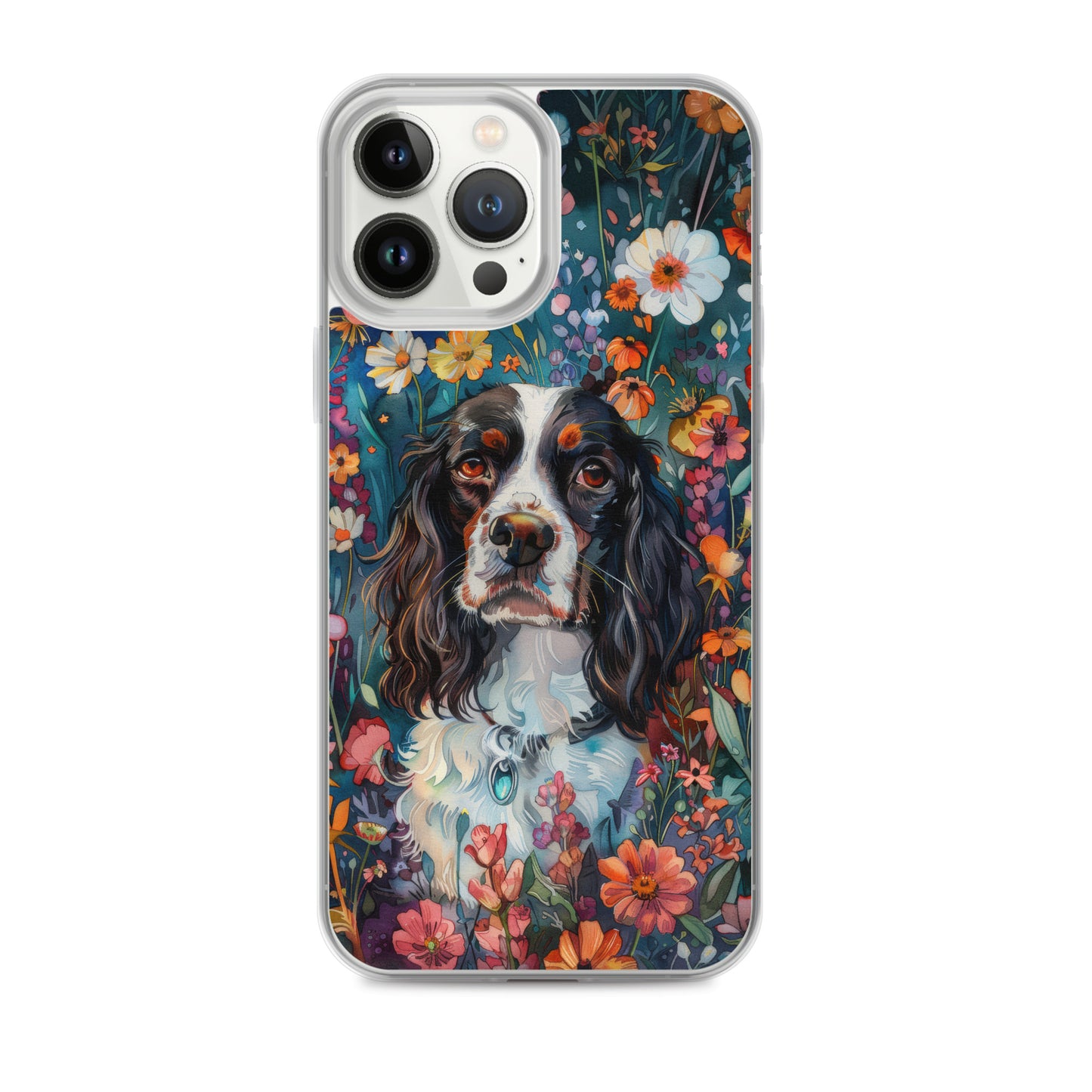 iPhone Case Watercolor English Springer Spaniel with Colorful Flowers