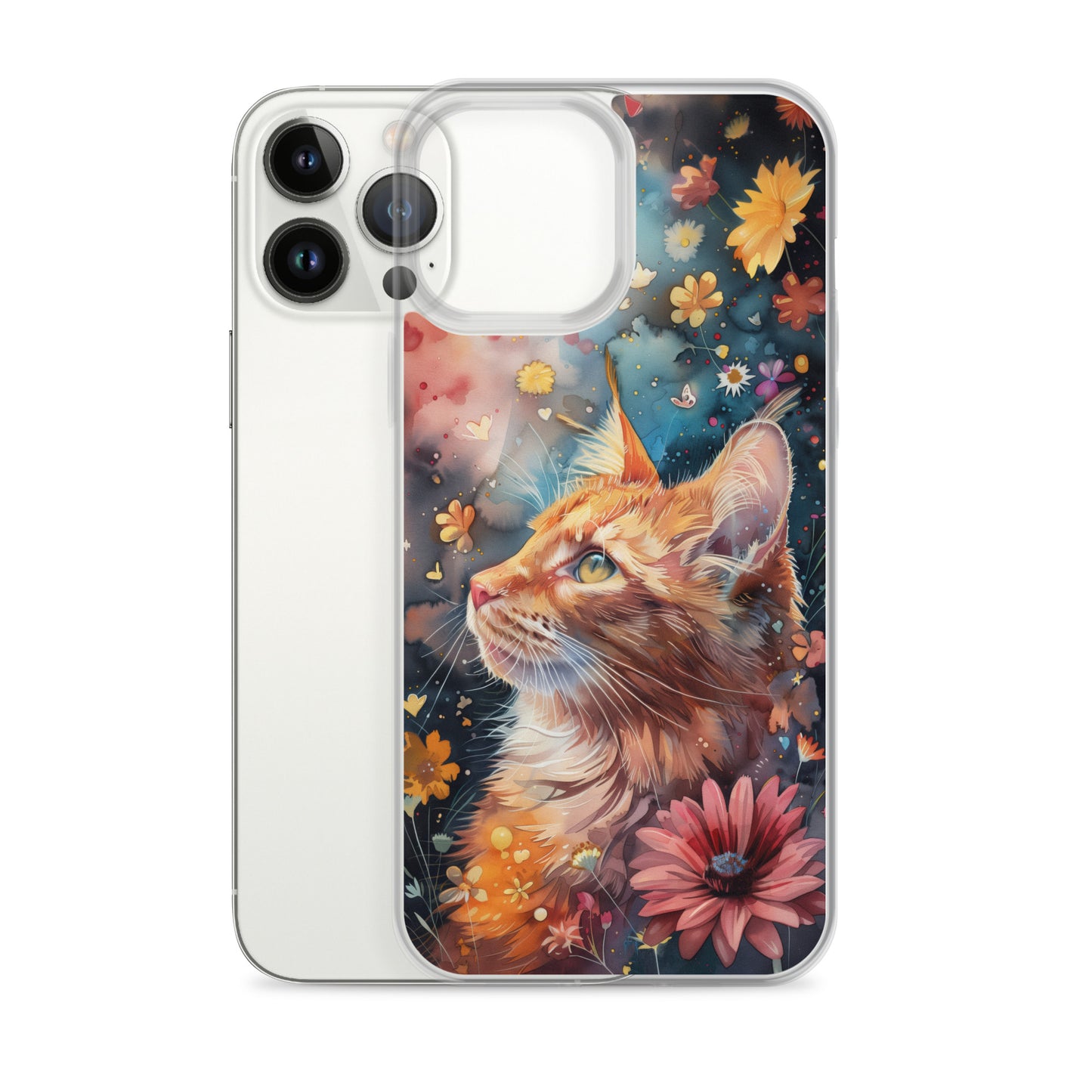 iPhone Case: Watercolor Orange Tabby Cat with Colorful Flowers