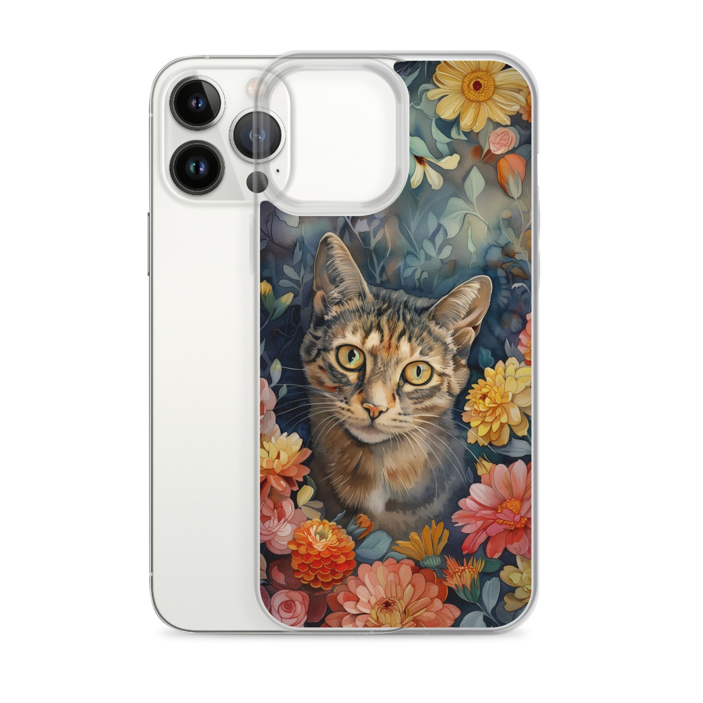 iPhone Case Watercolor Tabby Cat with Colorful Flowers