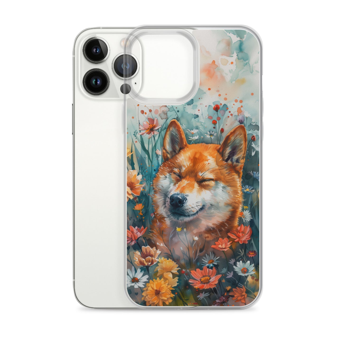 iPhone Case Watercolor Shiba Inu with Colorful Flowers