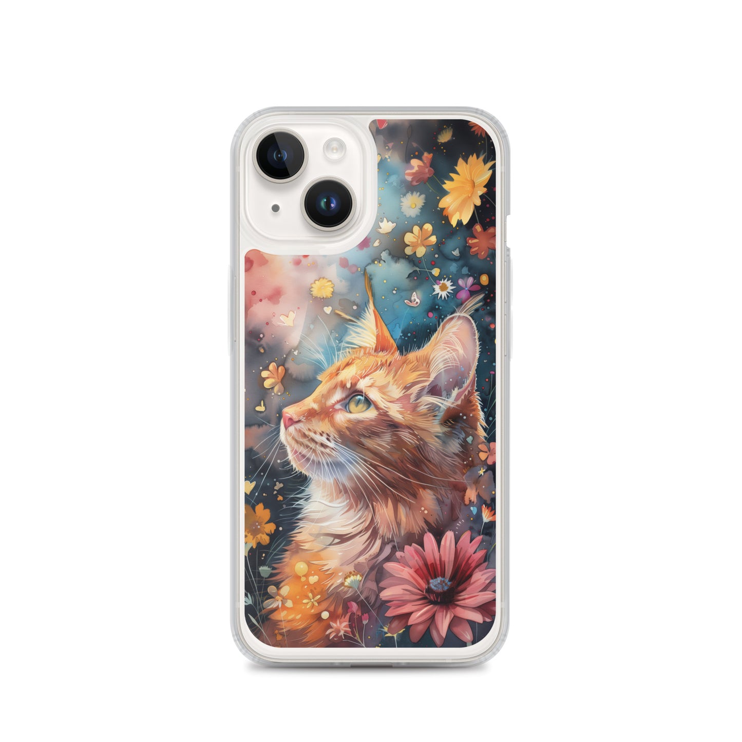 iPhone Case: Watercolor Orange Tabby Cat with Colorful Flowers
