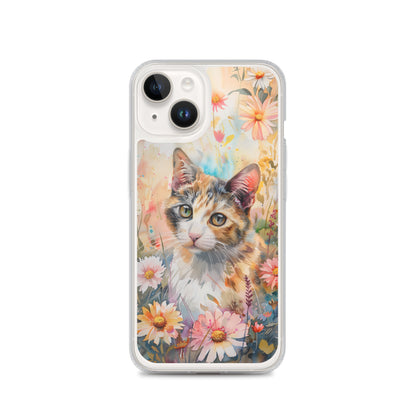 iPhone Case Watercolor Calico Cat with Colorful Flowers