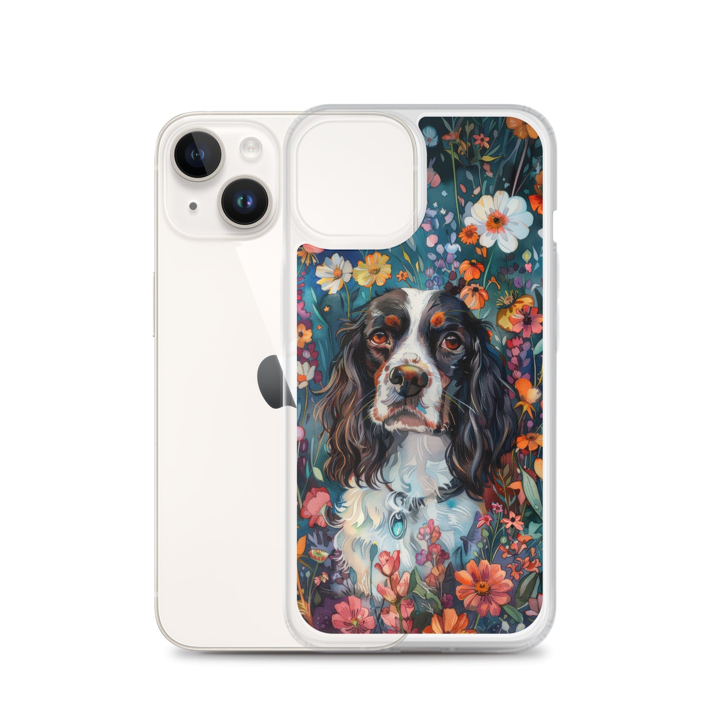 iPhone Case Watercolor English Springer Spaniel with Colorful Flowers