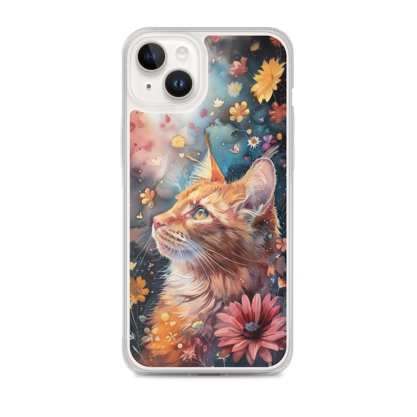 iPhone Case: Watercolor Orange Tabby Cat with Colorful Flowers
