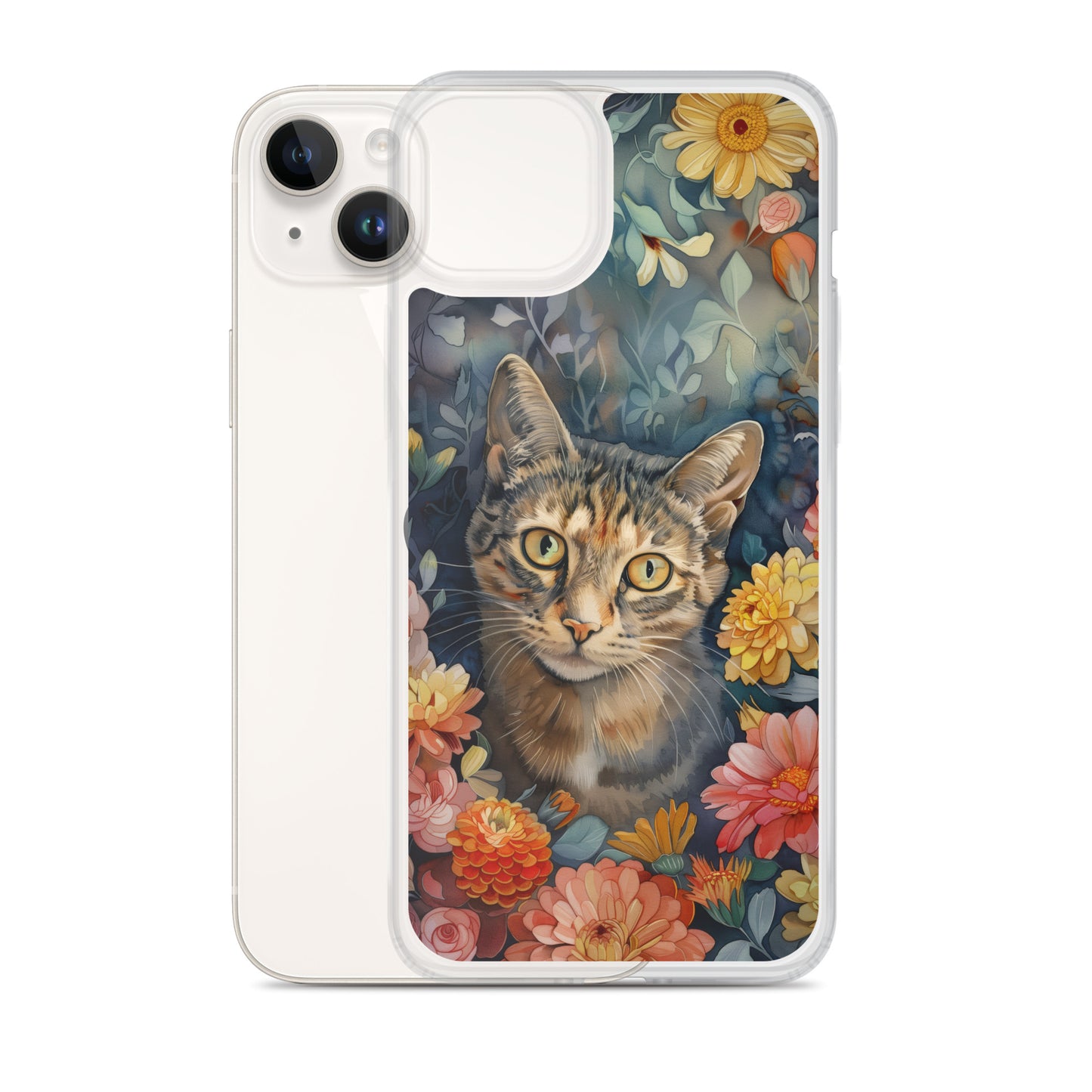 iPhone Case Watercolor Tabby Cat with Colorful Flowers