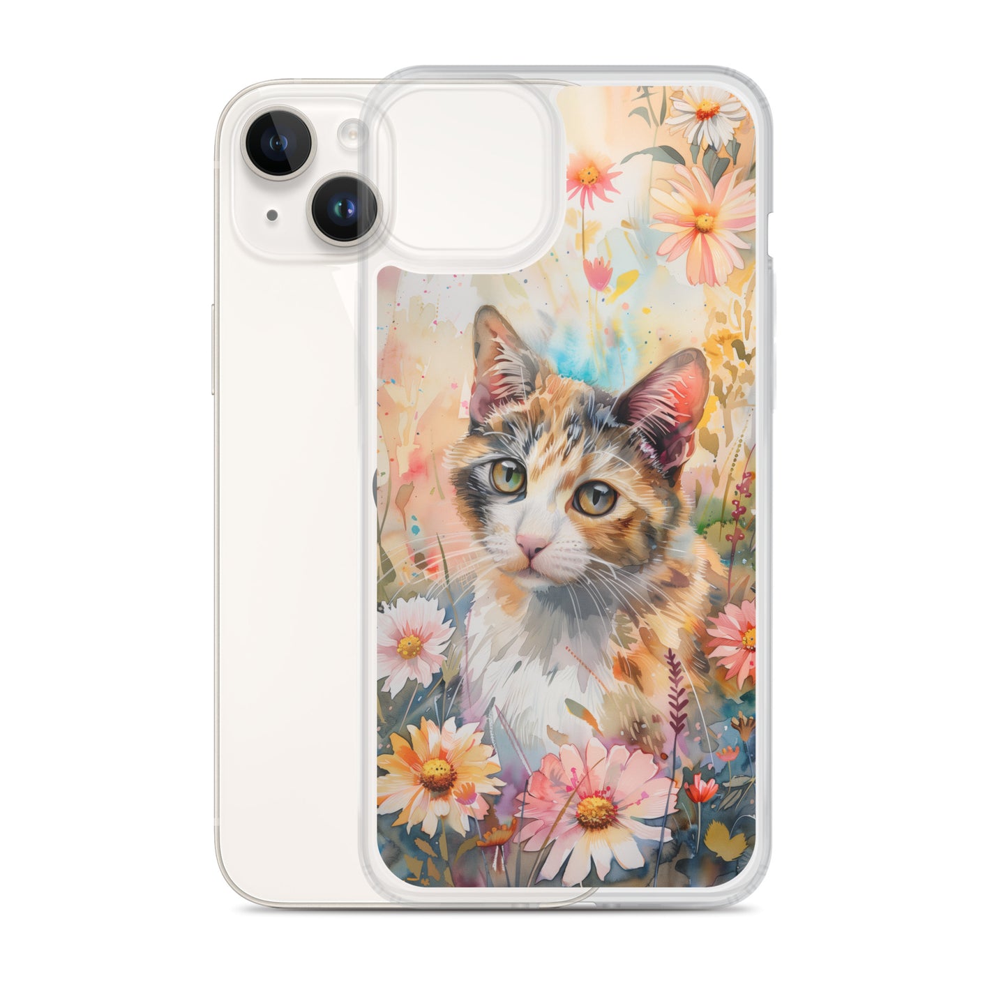 iPhone Case Watercolor Calico Cat with Colorful Flowers