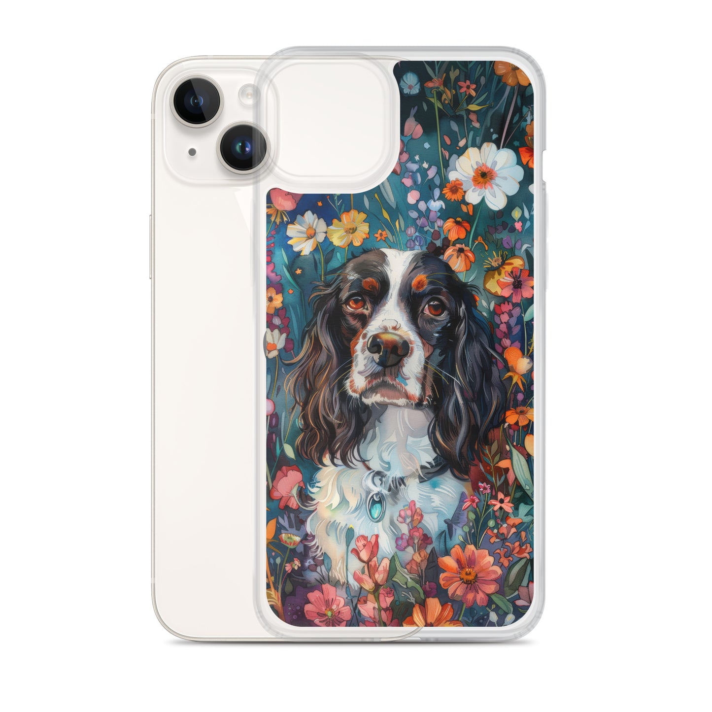 iPhone Case Watercolor English Springer Spaniel with Colorful Flowers
