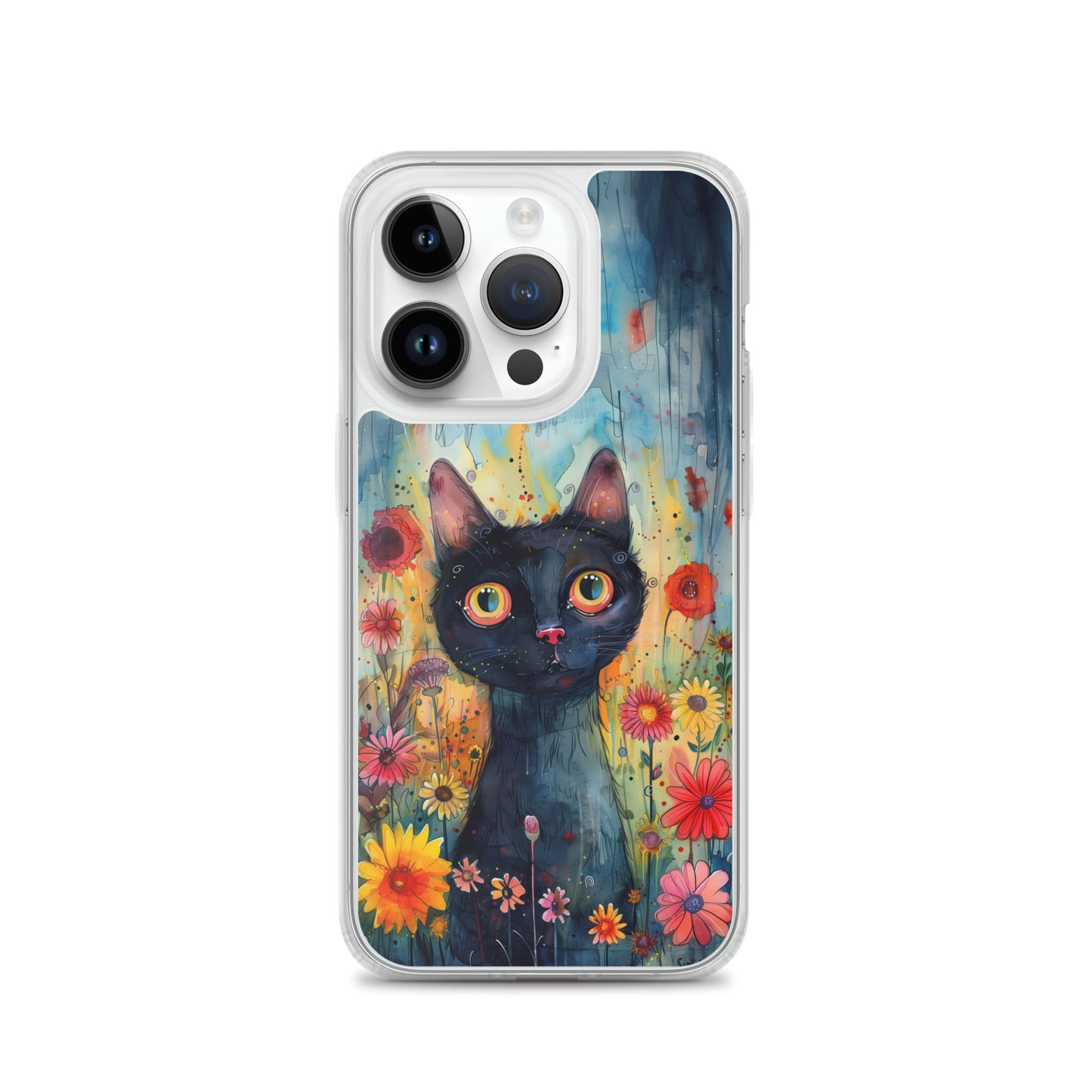 iPhone Case Watercolor Black Cat with Colorful Flowers