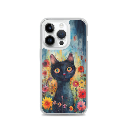 iPhone Case Watercolor Black Cat with Colorful Flowers