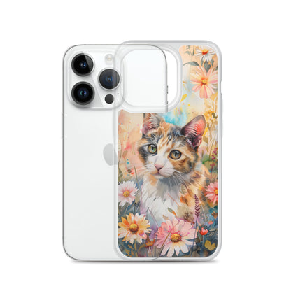 iPhone Case Watercolor Calico Cat with Colorful Flowers