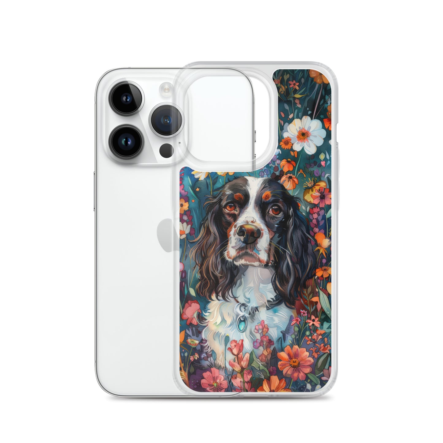 iPhone Case Watercolor English Springer Spaniel with Colorful Flowers
