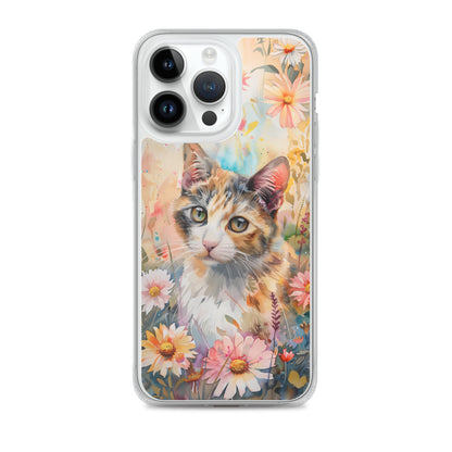 iPhone Case Watercolor Calico Cat with Colorful Flowers