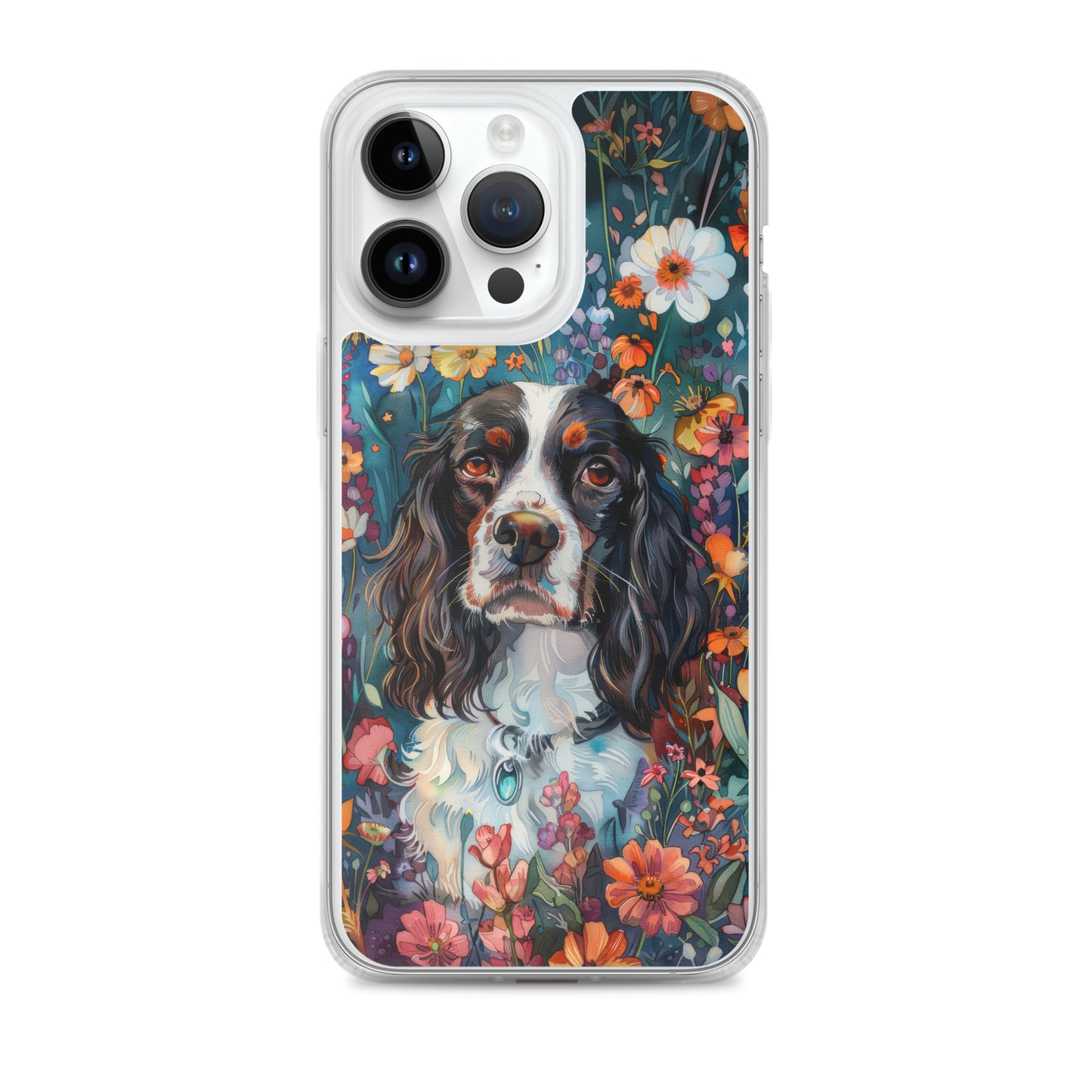 iPhone Case Watercolor English Springer Spaniel with Colorful Flowers