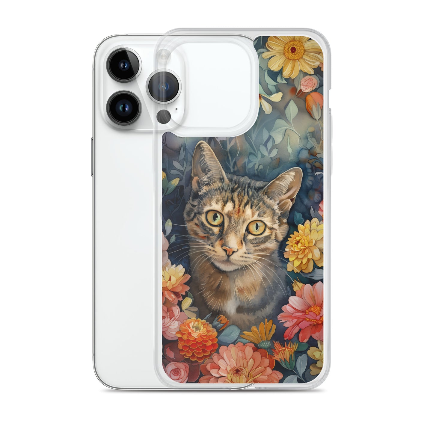iPhone Case Watercolor Tabby Cat with Colorful Flowers
