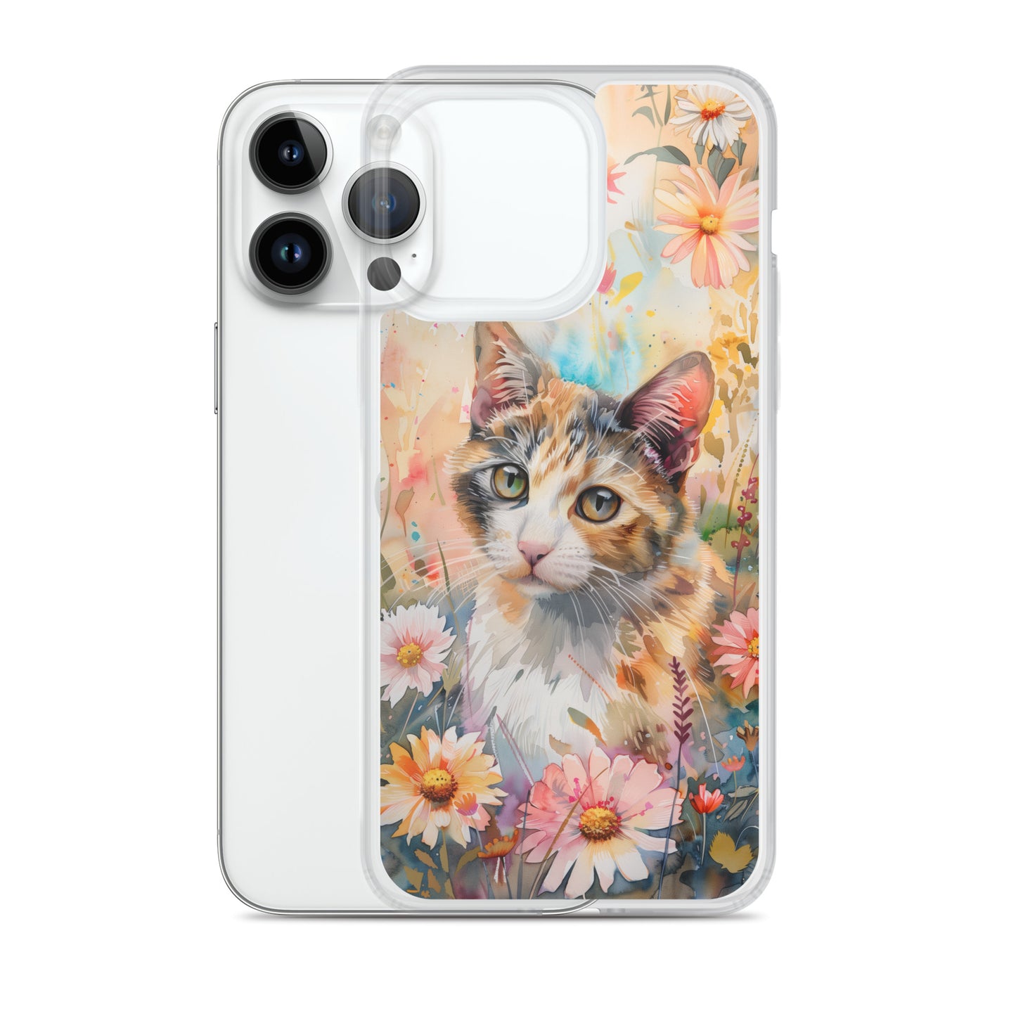 iPhone Case Watercolor Calico Cat with Colorful Flowers