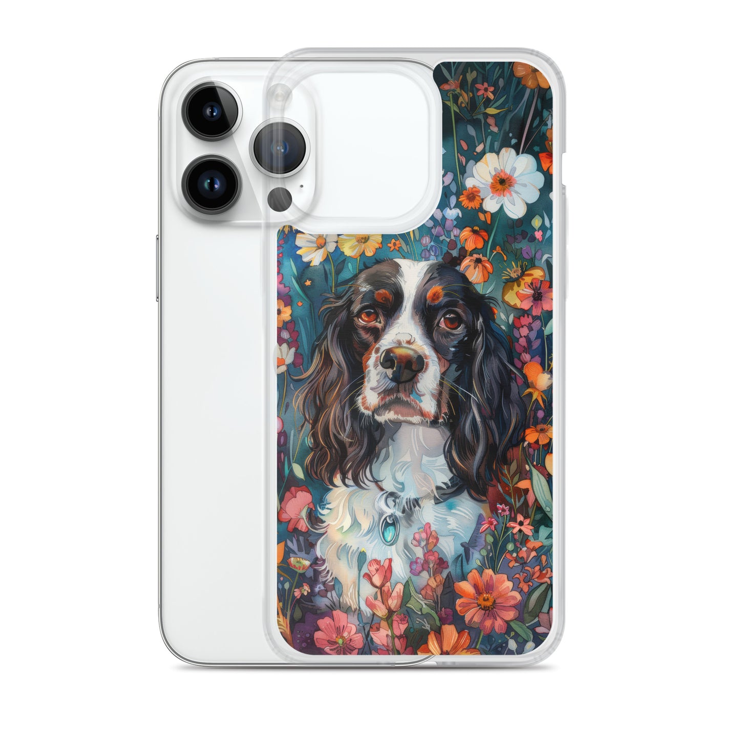iPhone Case Watercolor English Springer Spaniel with Colorful Flowers