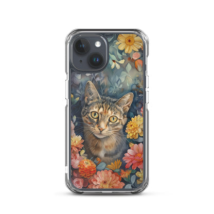iPhone Case Watercolor Tabby Cat with Colorful Flowers