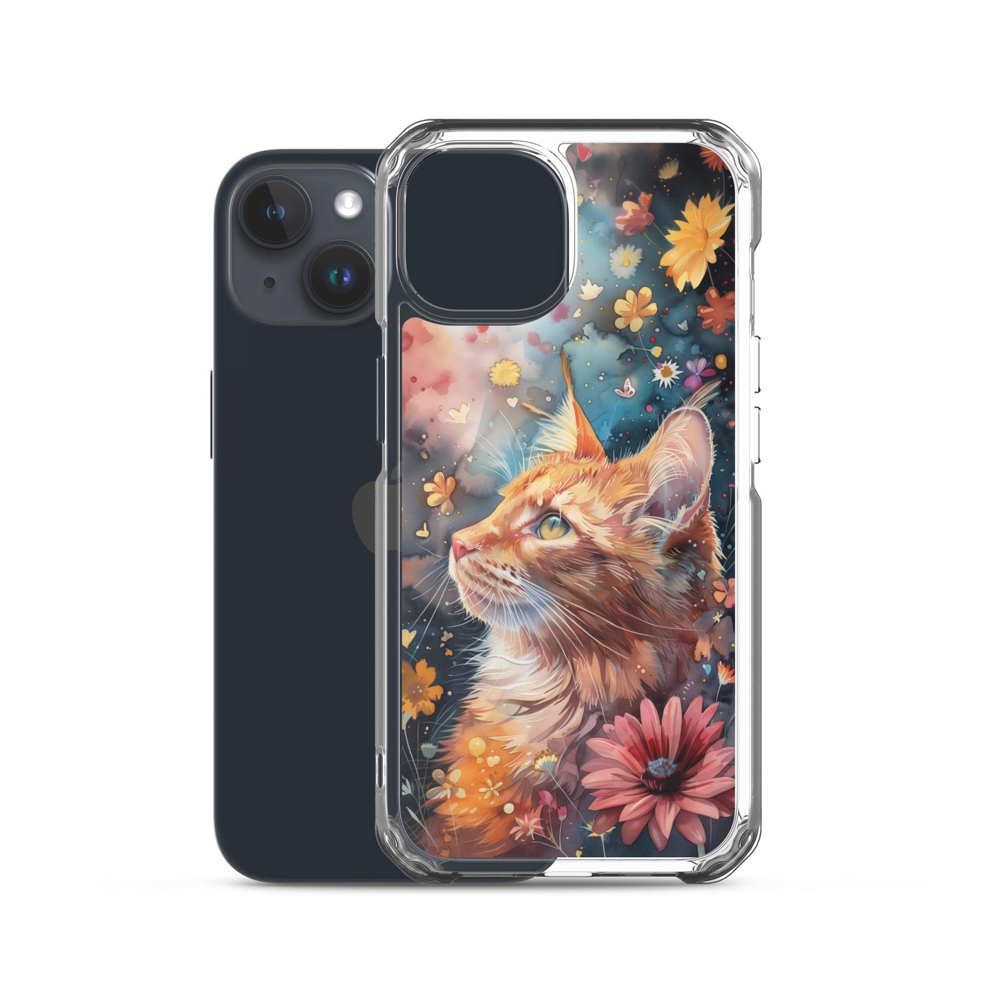 iPhone Case: Watercolor Orange Tabby Cat with Colorful Flowers