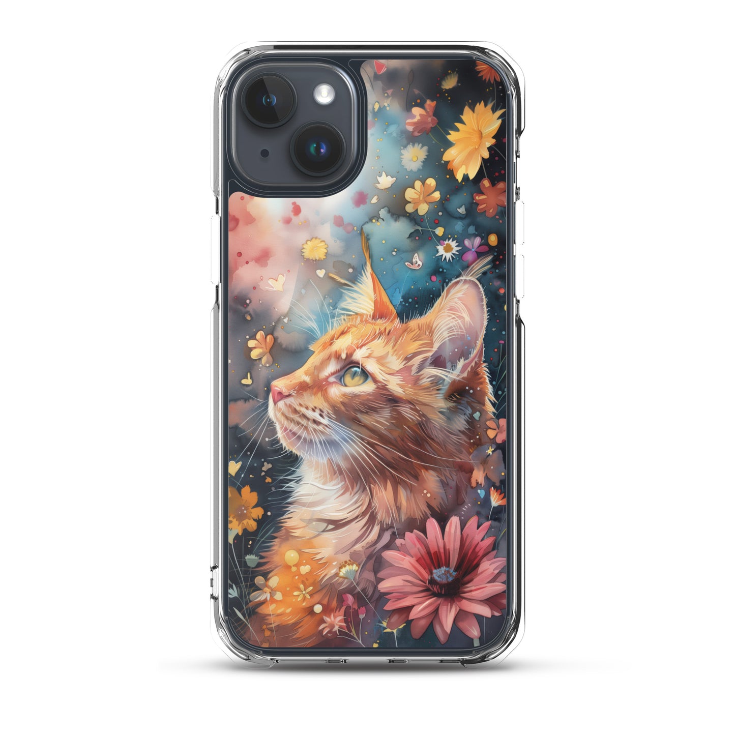 iPhone Case: Watercolor Orange Tabby Cat with Colorful Flowers