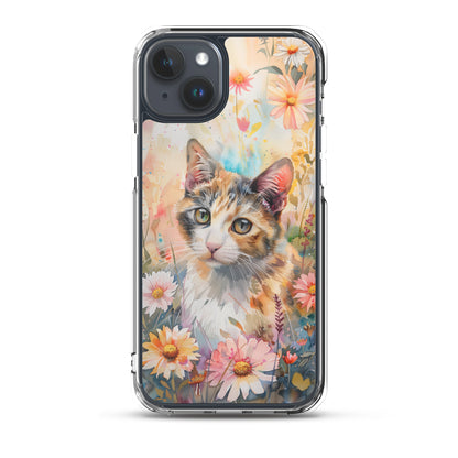 iPhone Case Watercolor Calico Cat with Colorful Flowers