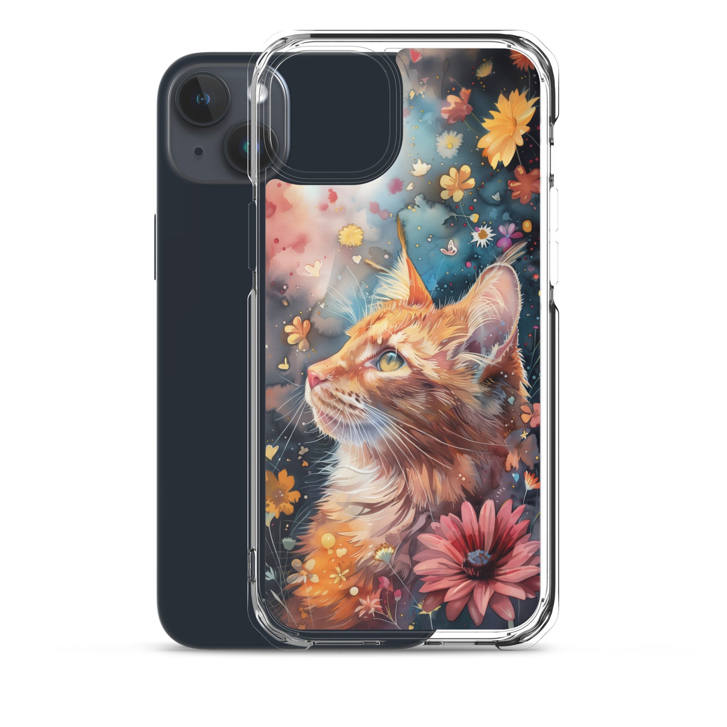 iPhone Case: Watercolor Orange Tabby Cat with Colorful Flowers