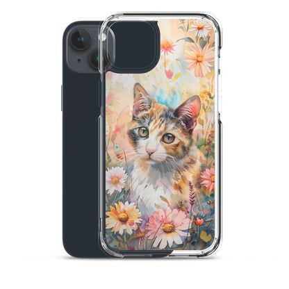 iPhone Case Watercolor Calico Cat with Colorful Flowers