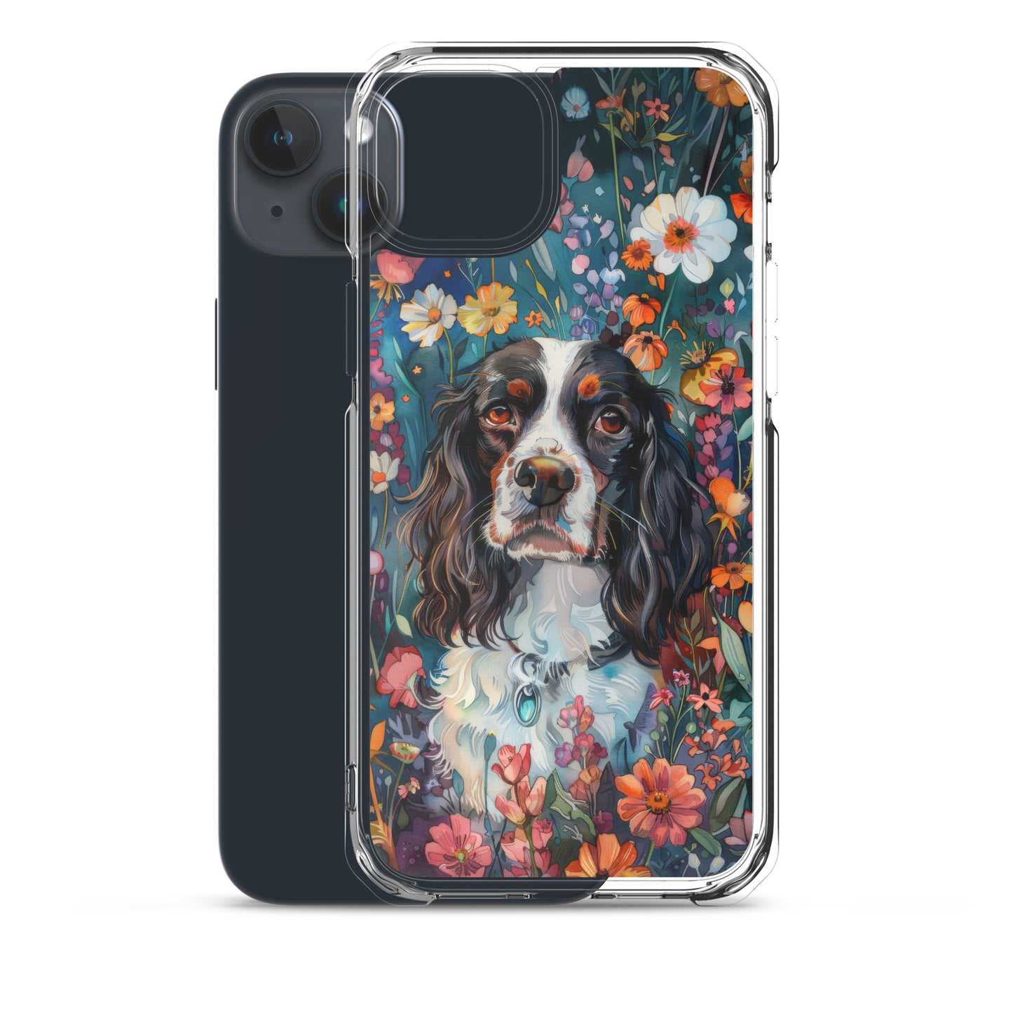 iPhone Case Watercolor English Springer Spaniel with Colorful Flowers