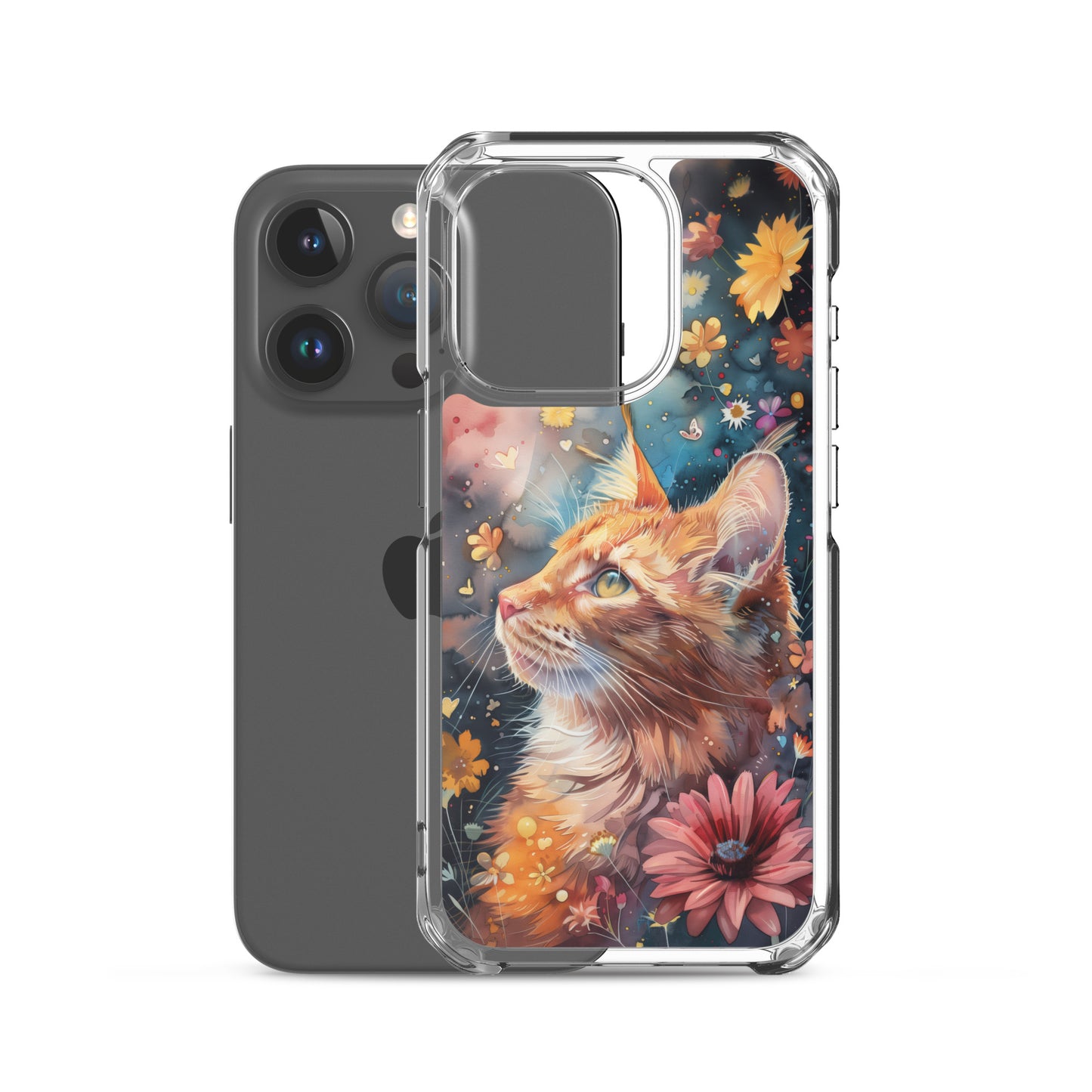 iPhone Case: Watercolor Orange Tabby Cat with Colorful Flowers