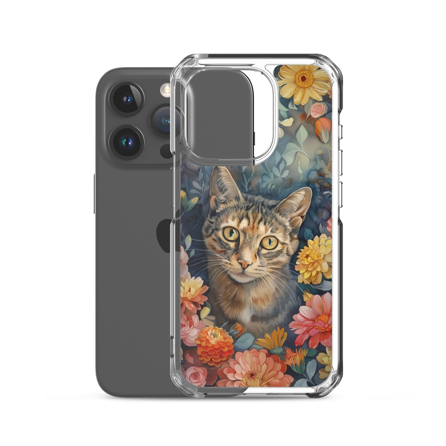 iPhone Case Watercolor Tabby Cat with Colorful Flowers
