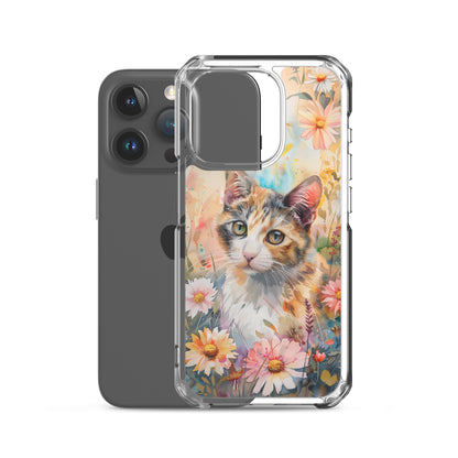 iPhone Case Watercolor Calico Cat with Colorful Flowers