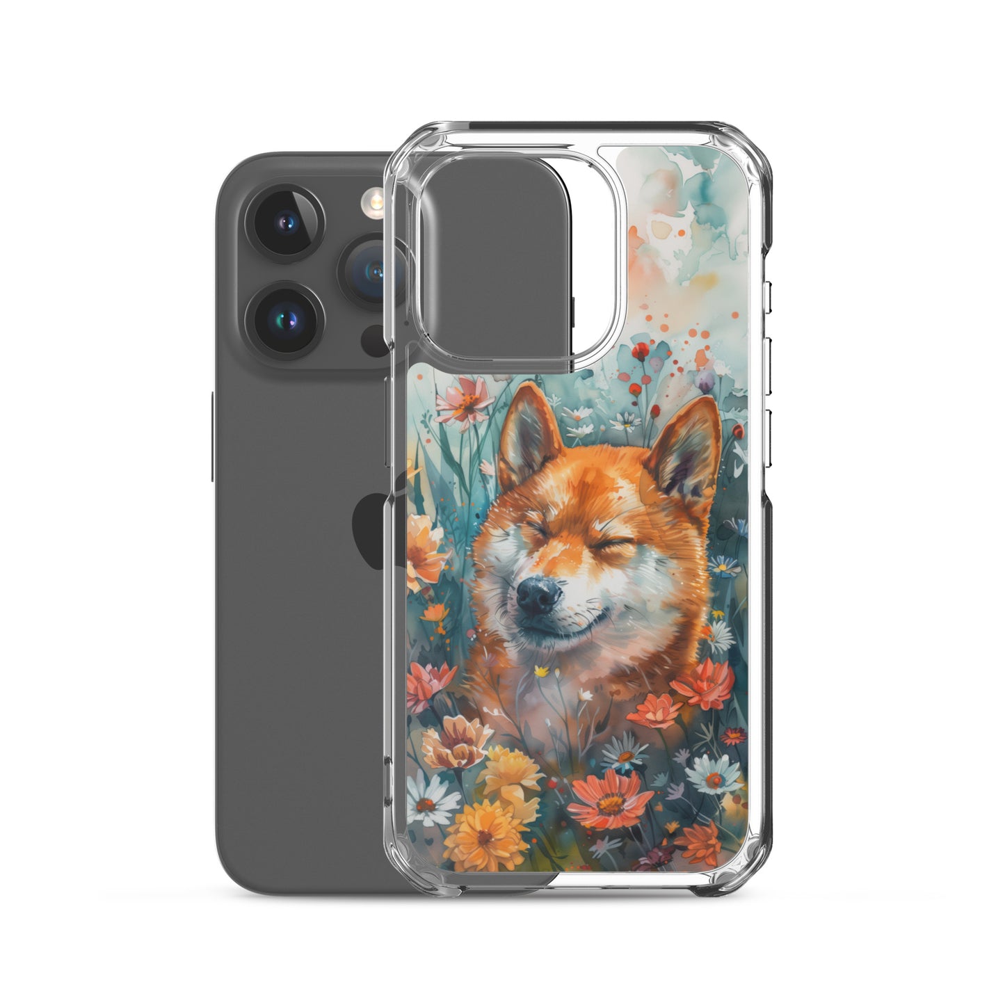 iPhone Case Watercolor Shiba Inu with Colorful Flowers