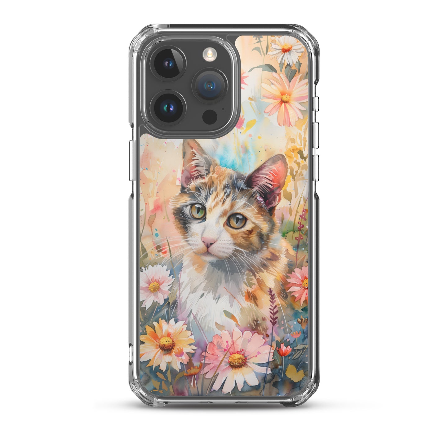 iPhone Case Watercolor Calico Cat with Colorful Flowers