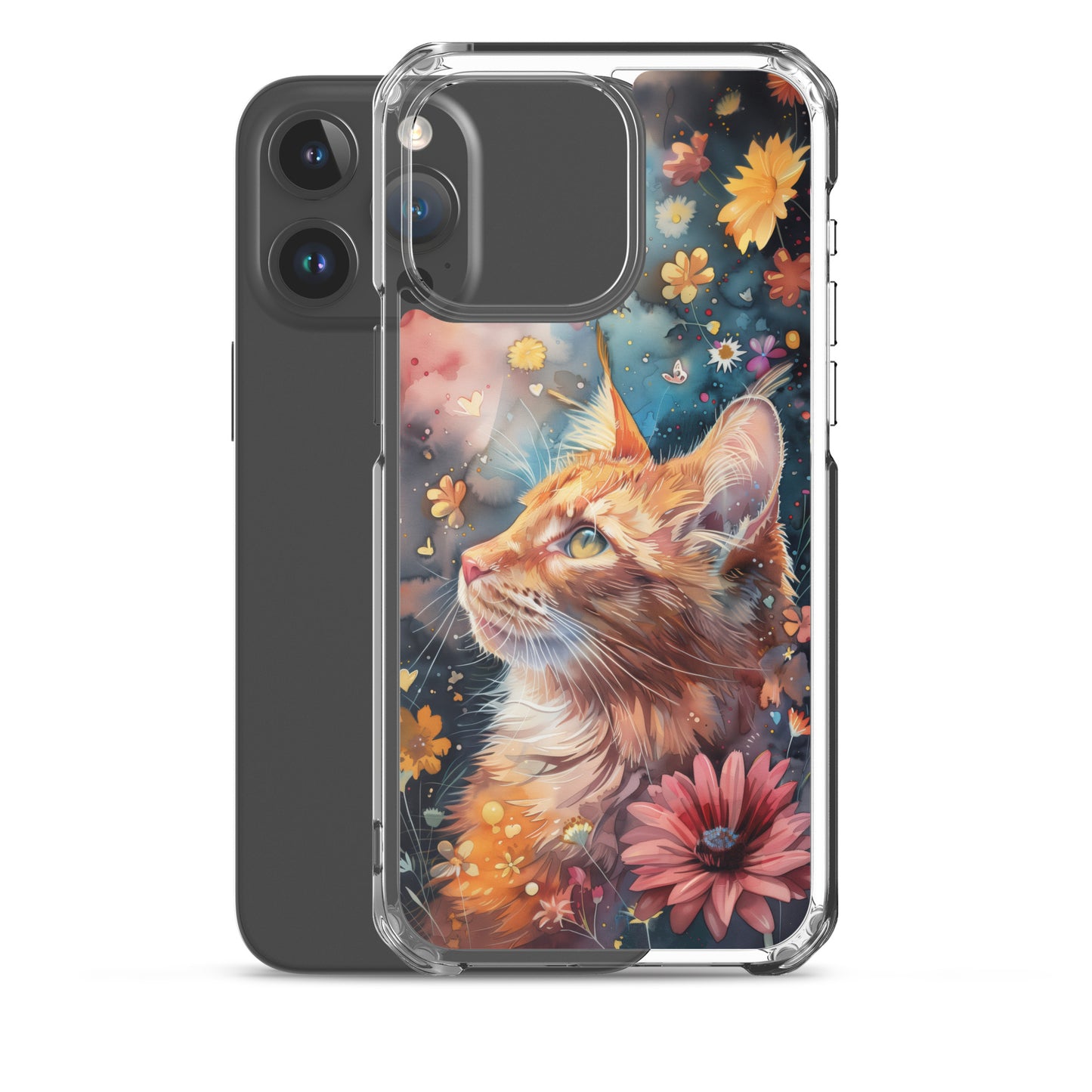 iPhone Case: Watercolor Orange Tabby Cat with Colorful Flowers