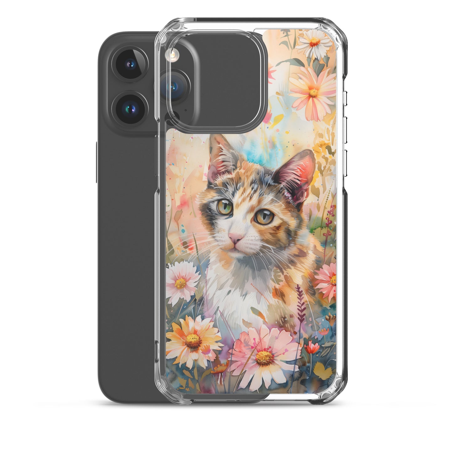 iPhone Case Watercolor Calico Cat with Colorful Flowers