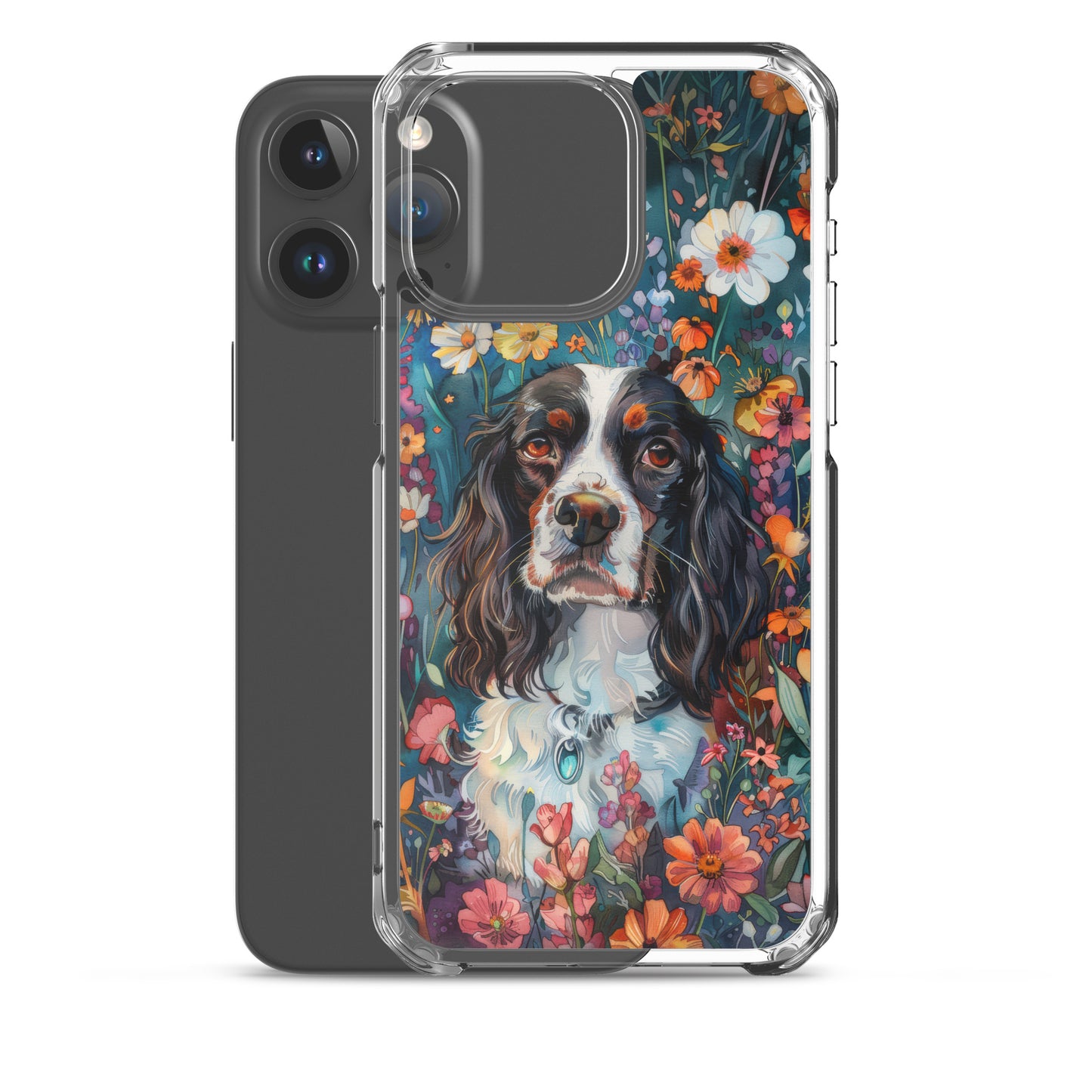 iPhone Case Watercolor English Springer Spaniel with Colorful Flowers