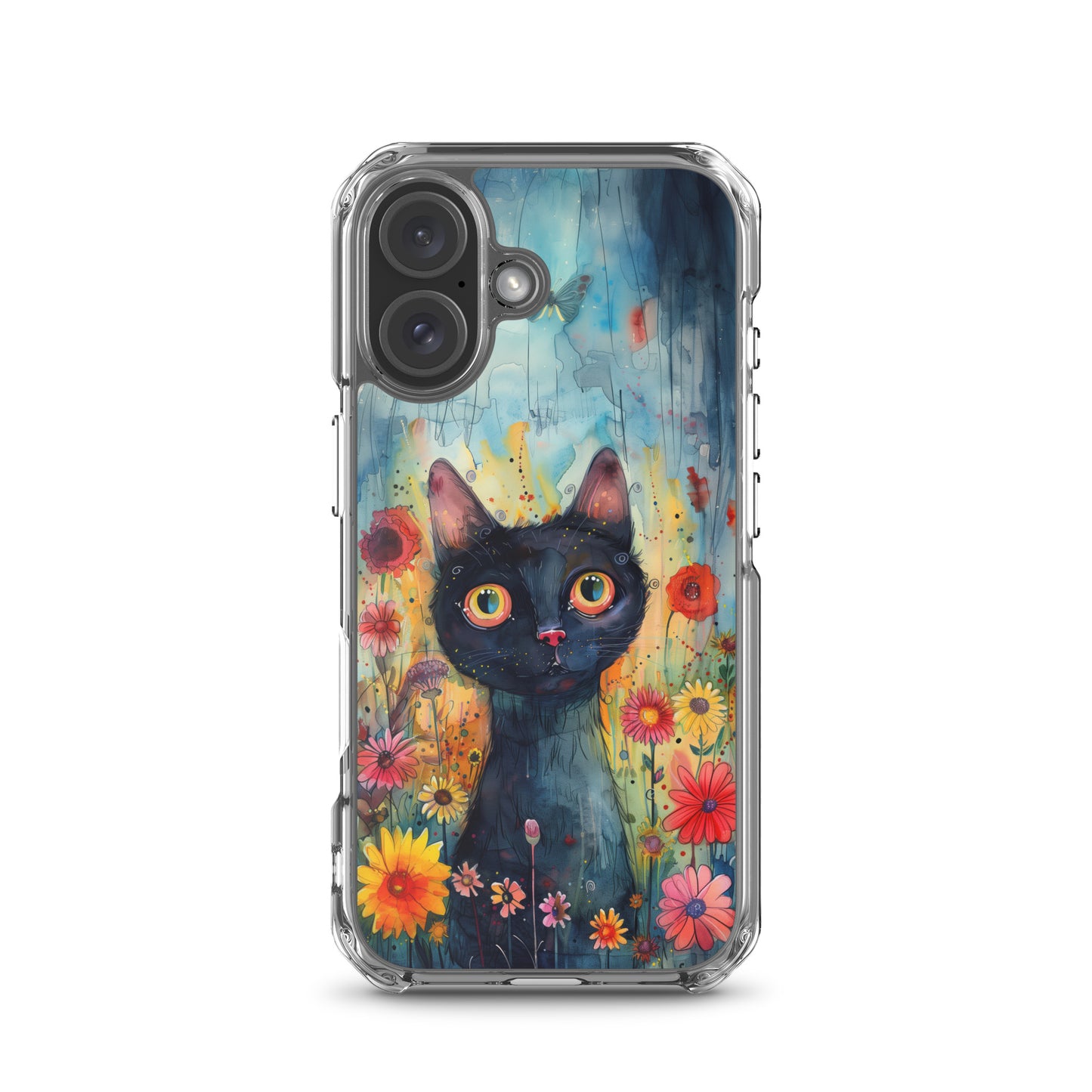 iPhone Case Watercolor Black Cat with Colorful Flowers