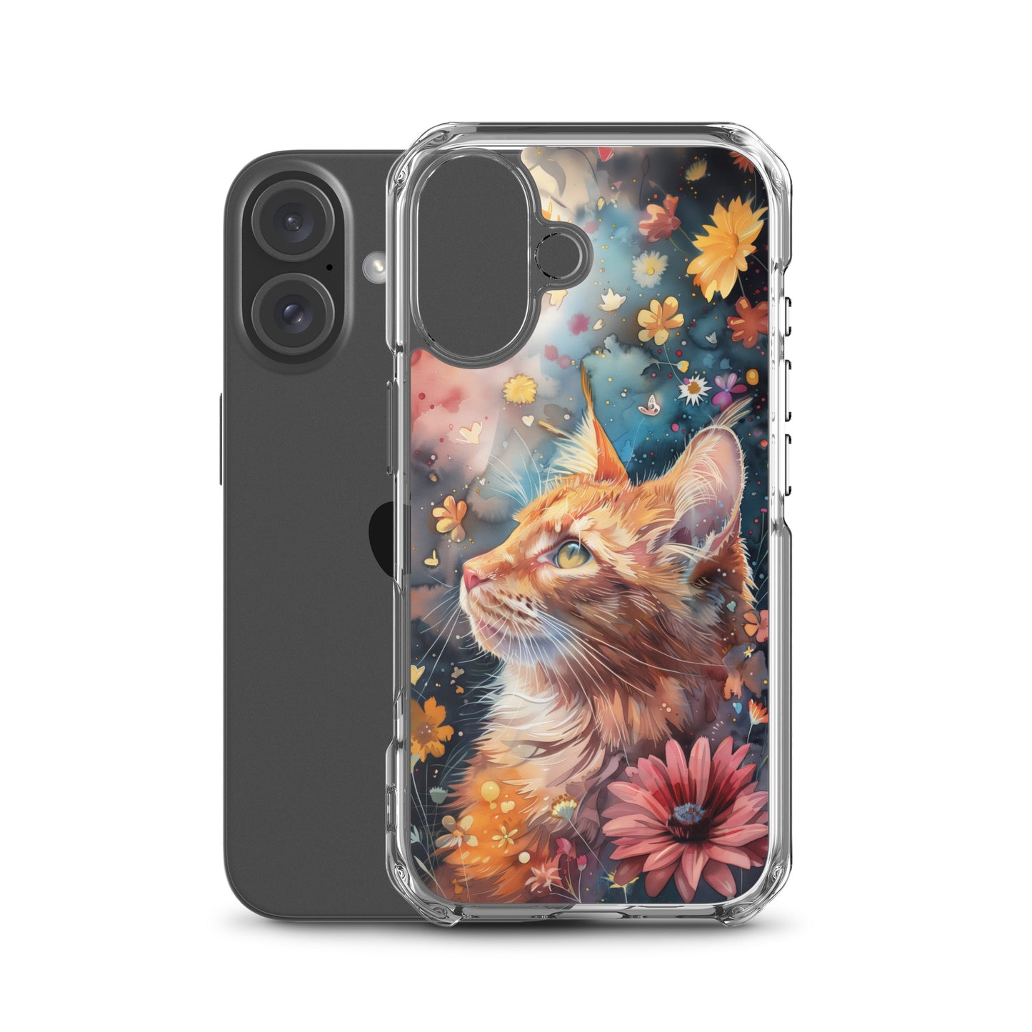 iPhone Case: Watercolor Orange Tabby Cat with Colorful Flowers