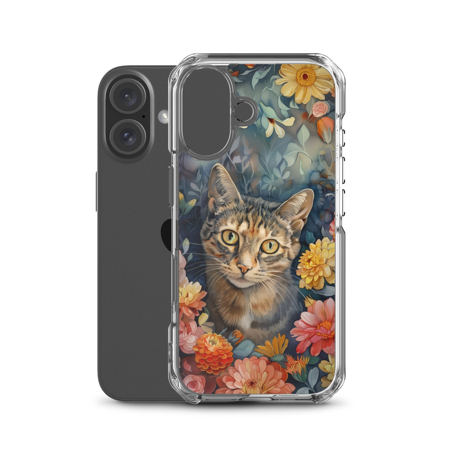 iPhone Case Watercolor Tabby Cat with Colorful Flowers