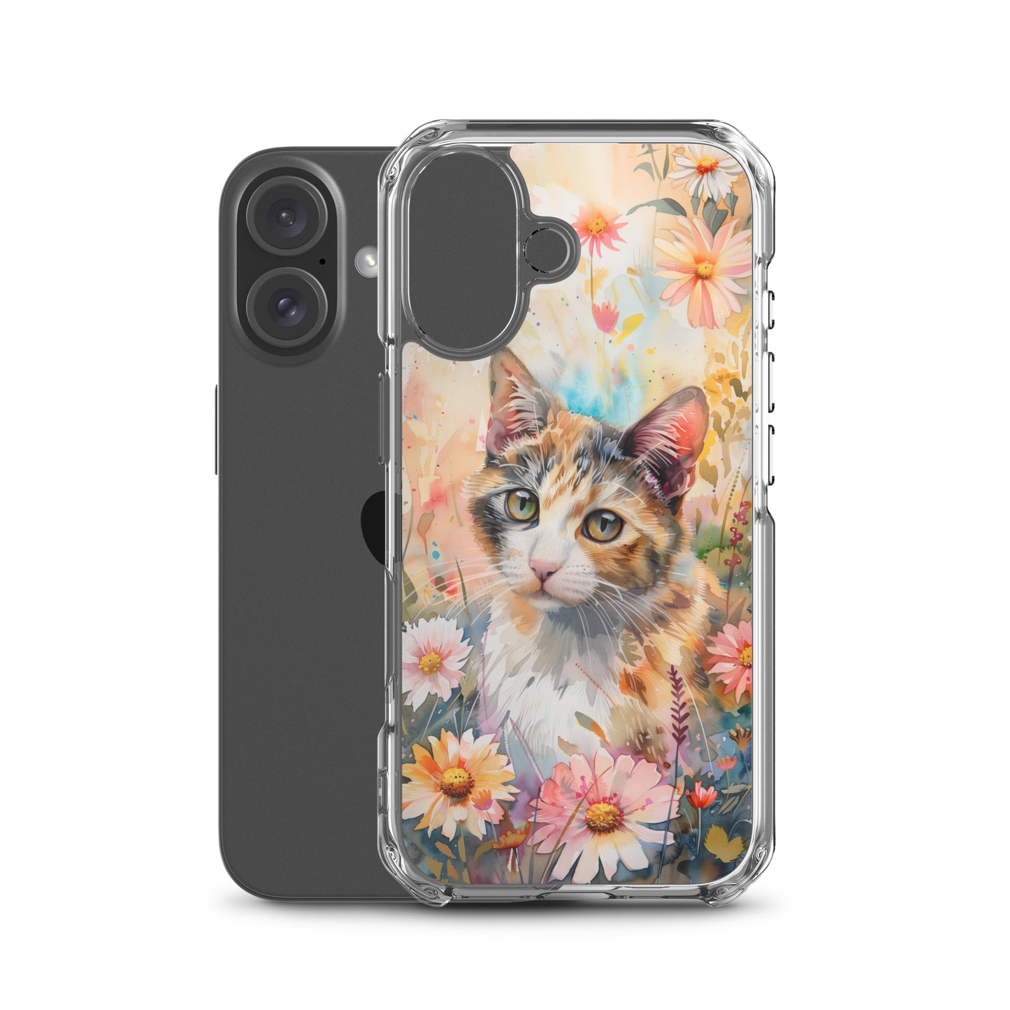 iPhone Case Watercolor Calico Cat with Colorful Flowers