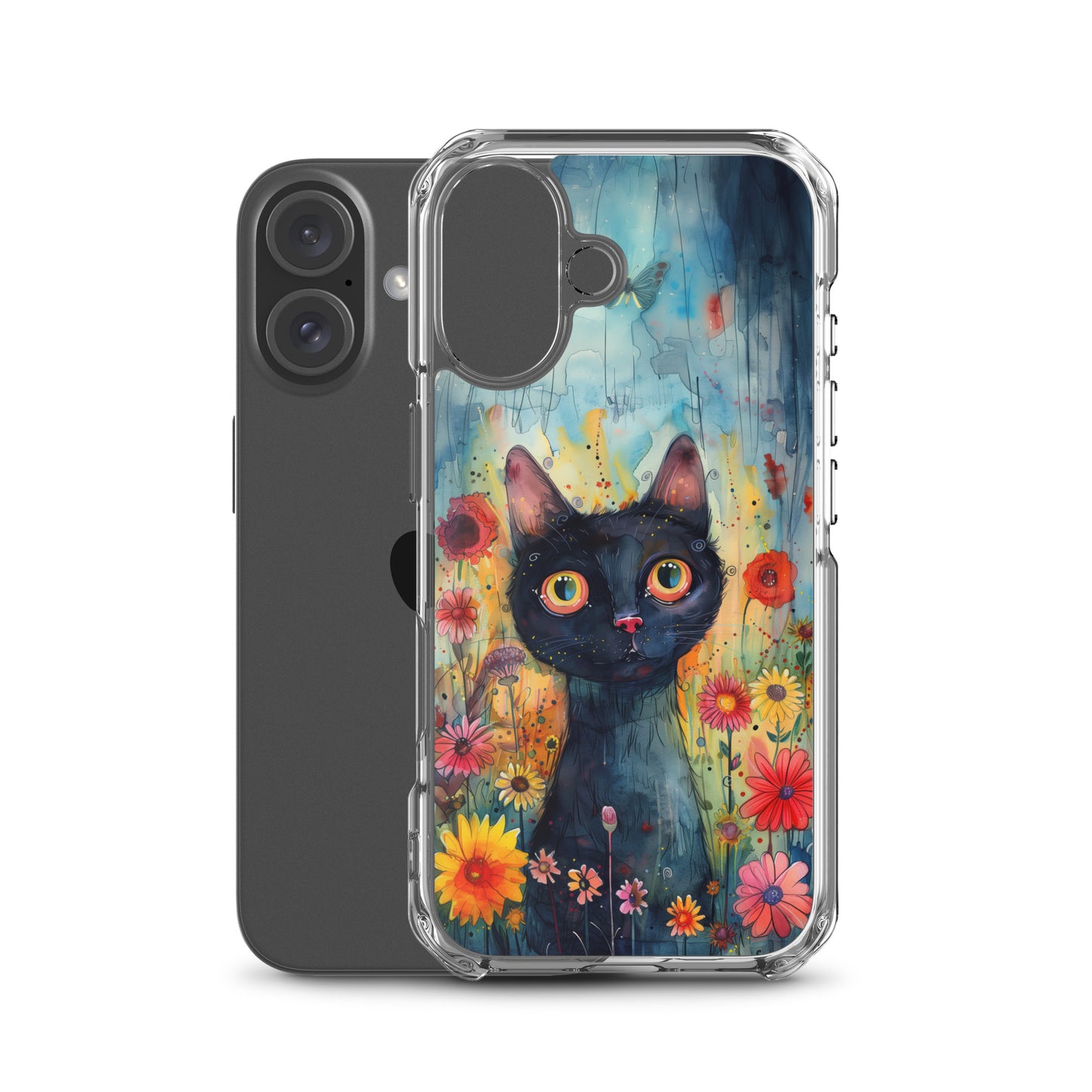iPhone Case Watercolor Black Cat with Colorful Flowers