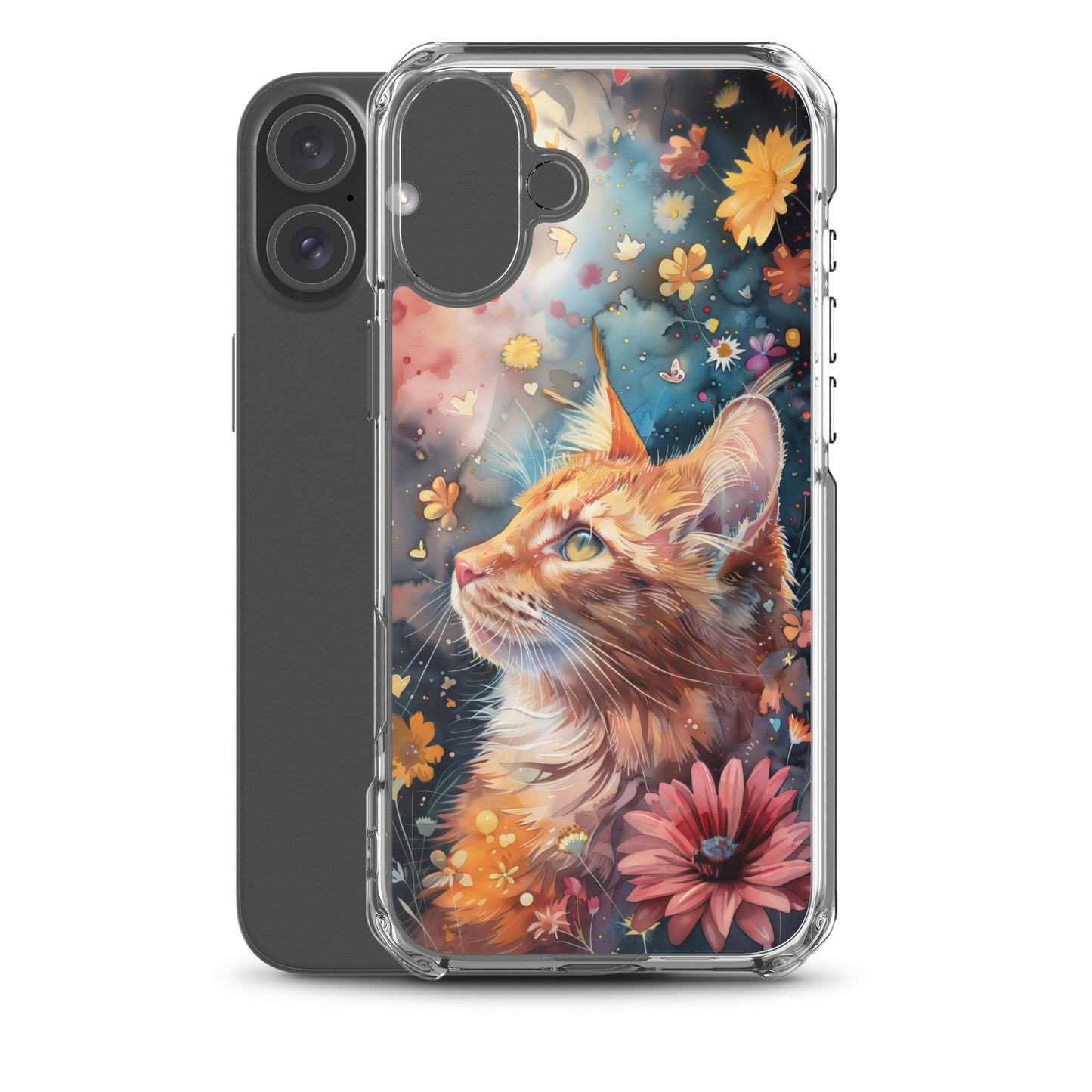 iPhone Case: Watercolor Orange Tabby Cat with Colorful Flowers